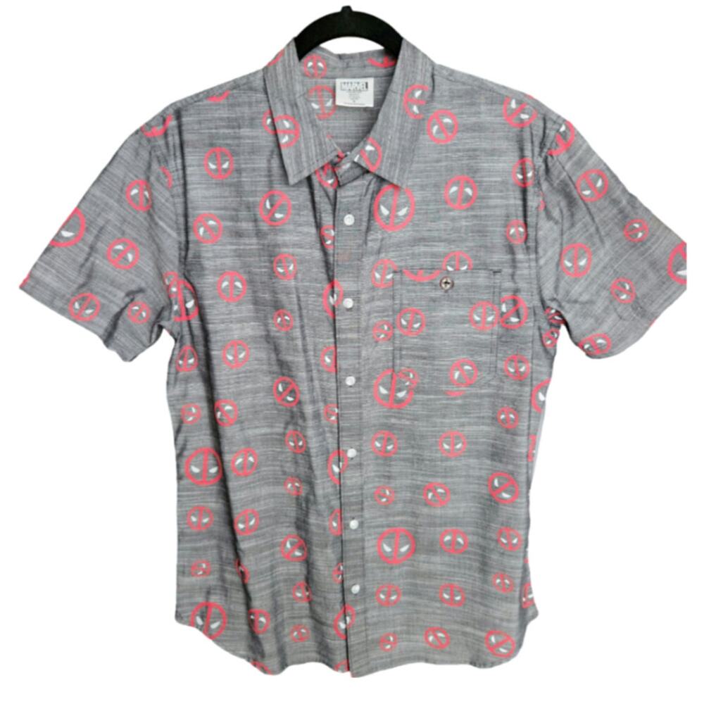 Marvel Deadpool Mens Grey Button-Up Casual Polo Size Small